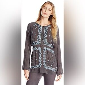 Johnny Was Blue Floral Embroidered Long Sleeve Tunic Blouse - Size Small